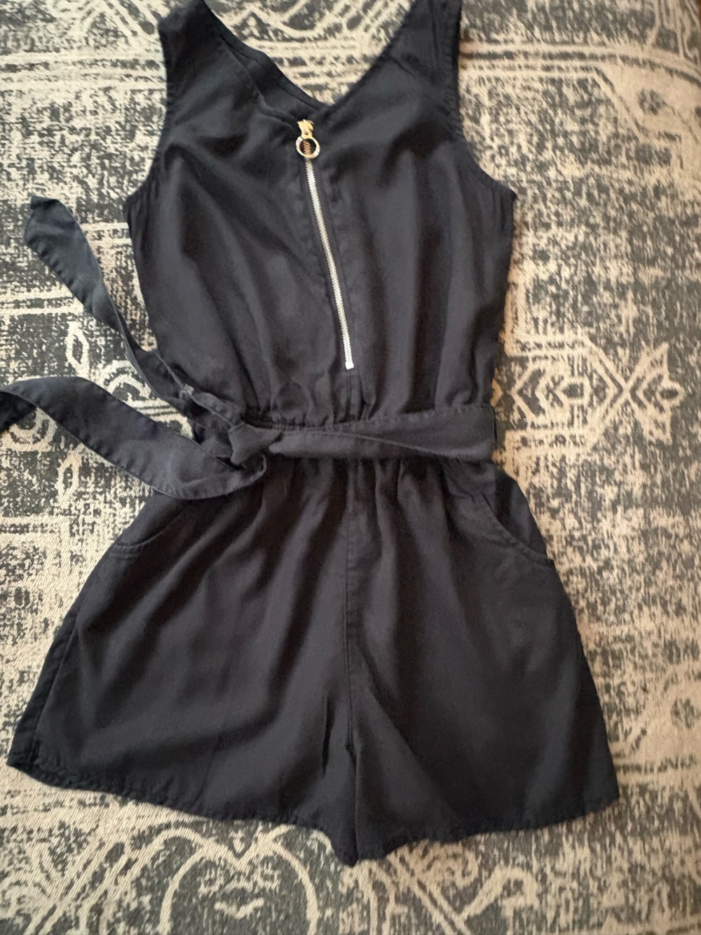 Justice Black Sleeveless Zip-Front Romper with Tie Waist